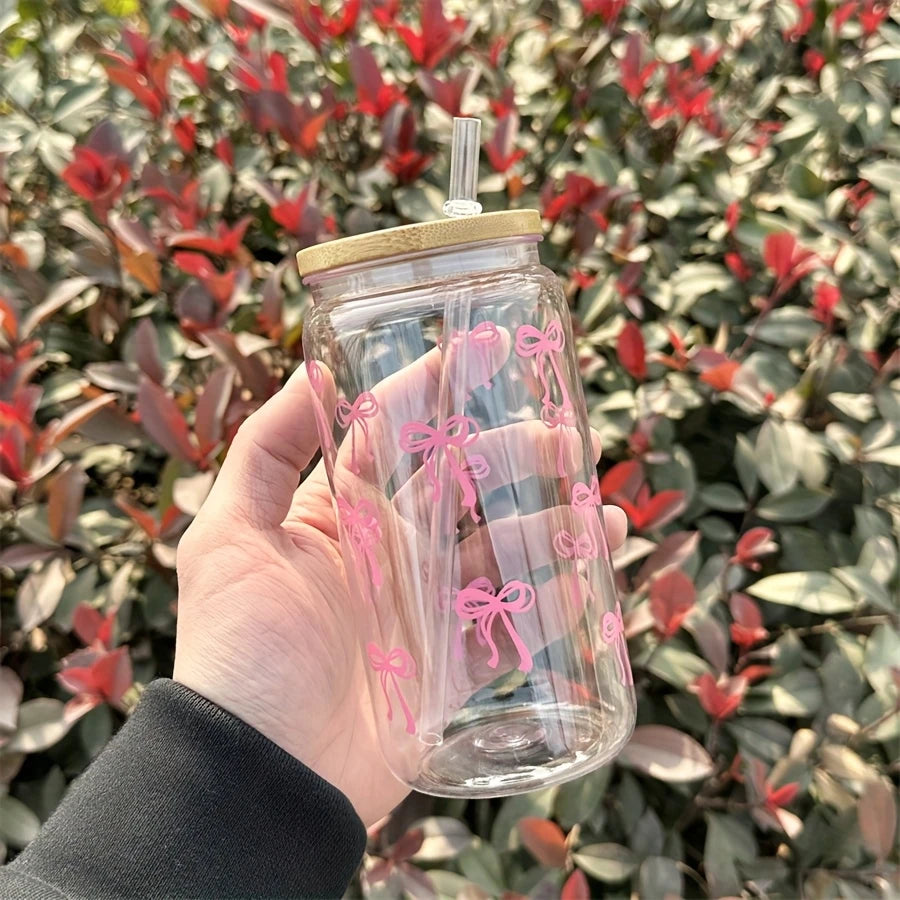 16oz(~500ml) Clear Glass Tumbler with Pink Bow Design & Bamboo Lid