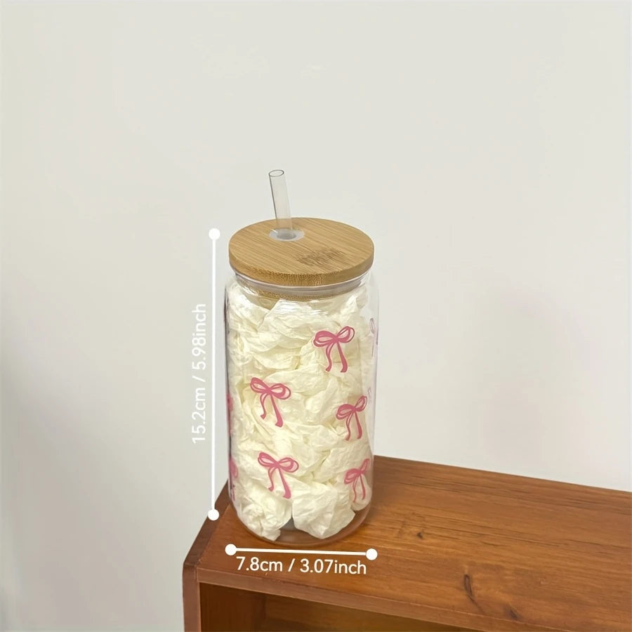 16oz(~500ml) Clear Glass Tumbler with Pink Bow Design & Bamboo Lid