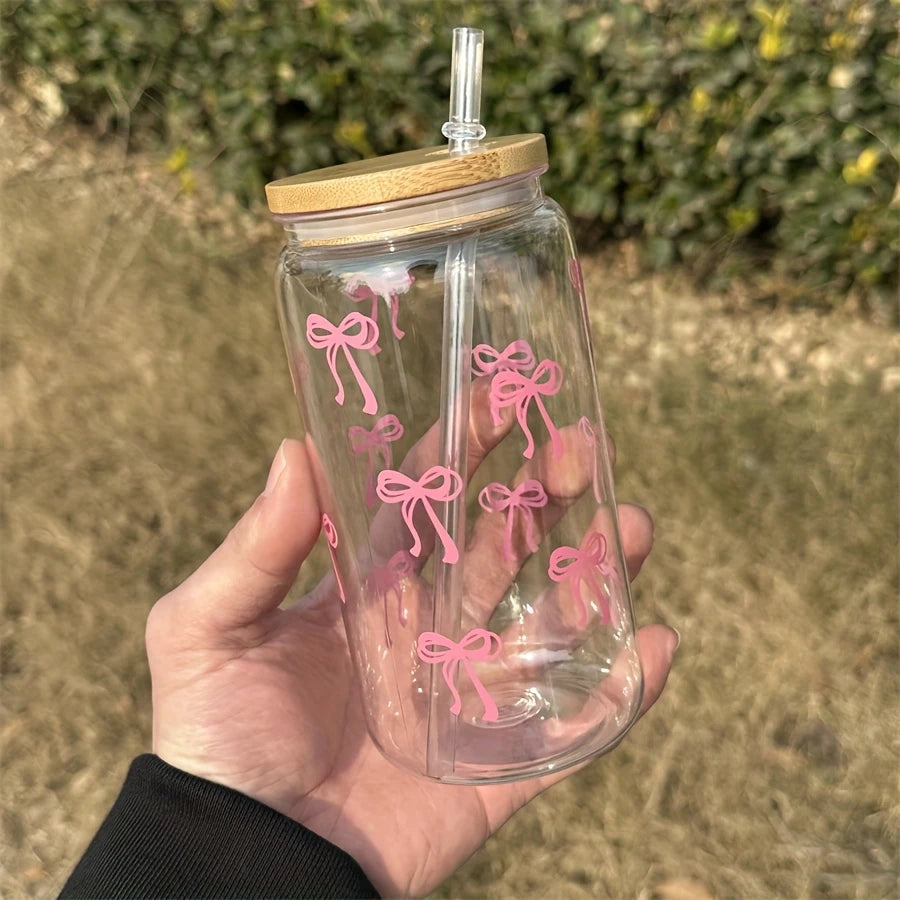 16oz(~500ml) Clear Glass Tumbler with Pink Bow Design & Bamboo Lid