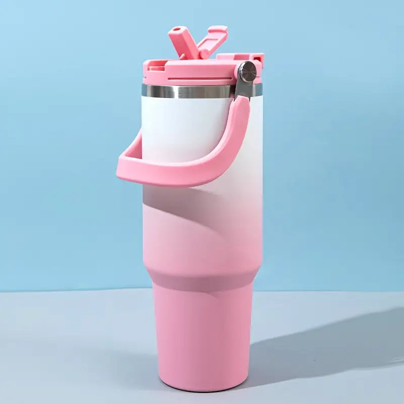 Pink & White Gradient 40oz Tumbler – Flip Lid & Rotating Handle