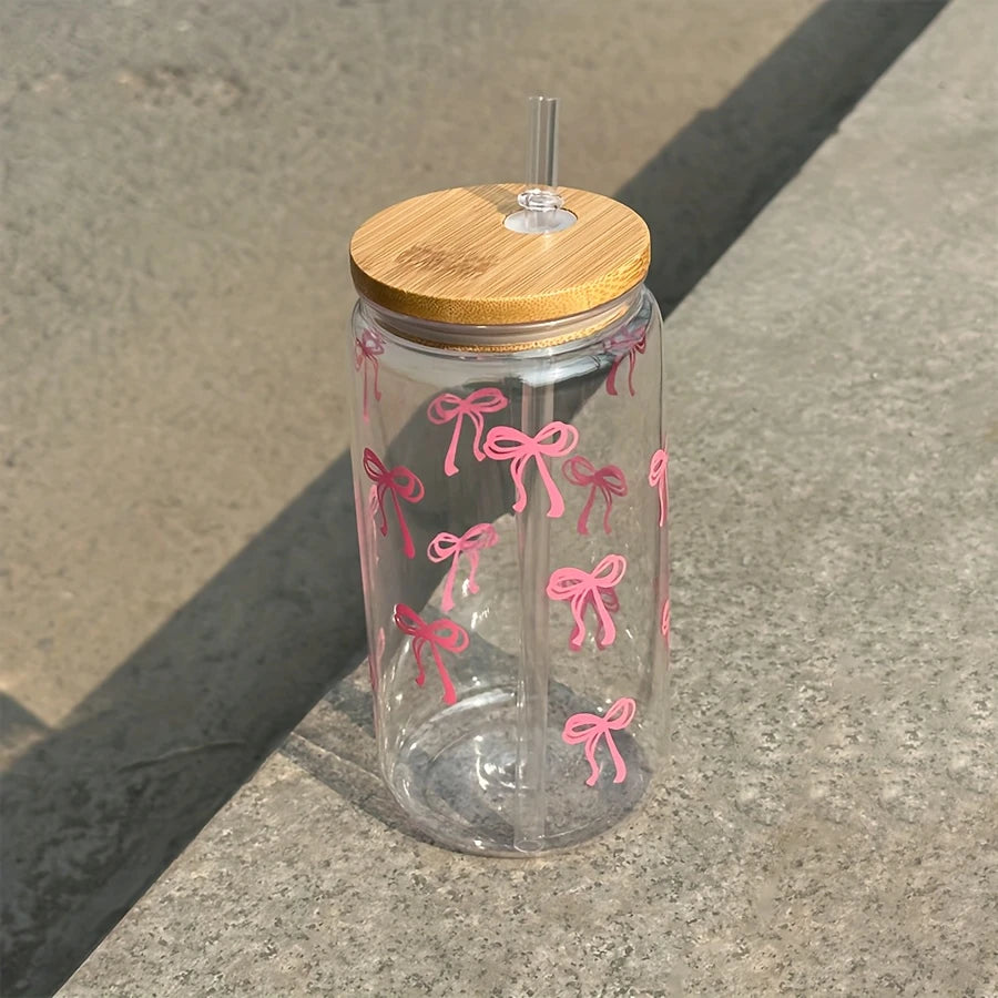 16oz(~500ml) Clear Glass Tumbler with Pink Bow Design & Bamboo Lid