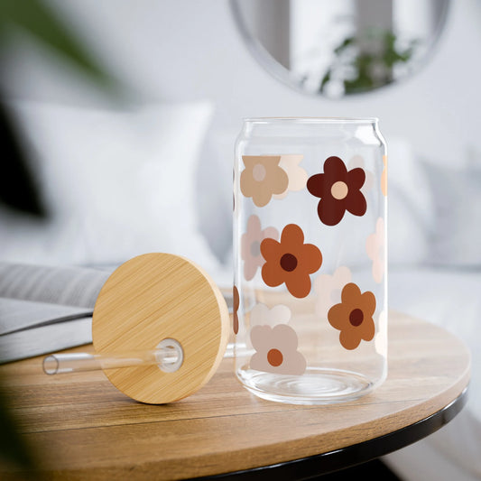 Retro Floral 16oz Glass Can Tumbler